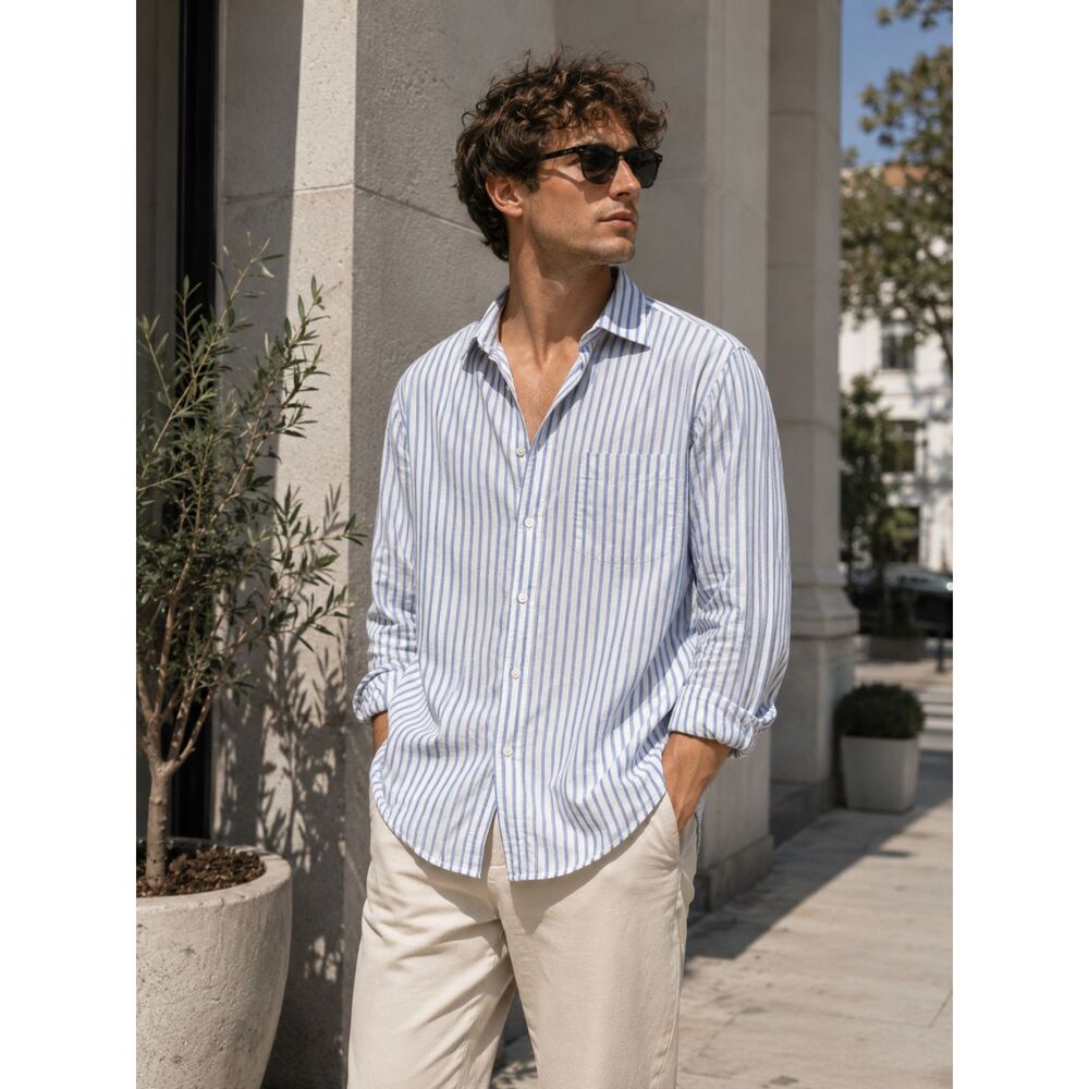 Hugo Boss Men's Blue White Striped Dress Shirt Size 17.5 34/35 XL 100% Cotton